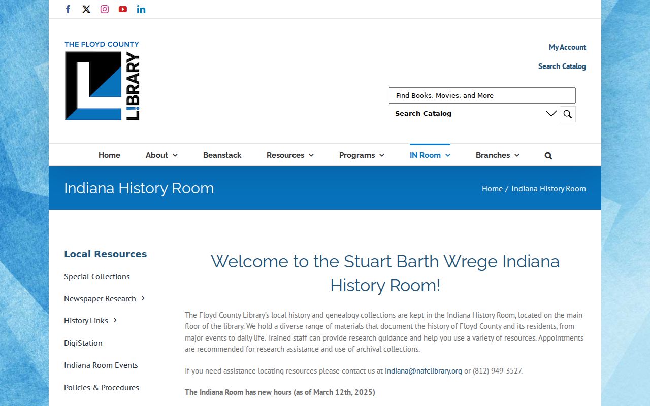 Floyd County Library Indiana History Room research page