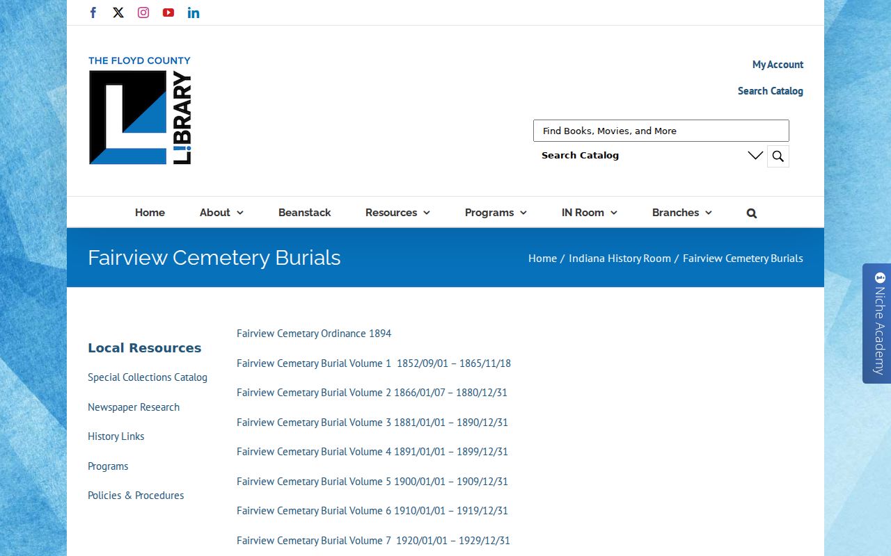 Fairview Cemetery burial volume archive for New Albany previous residents