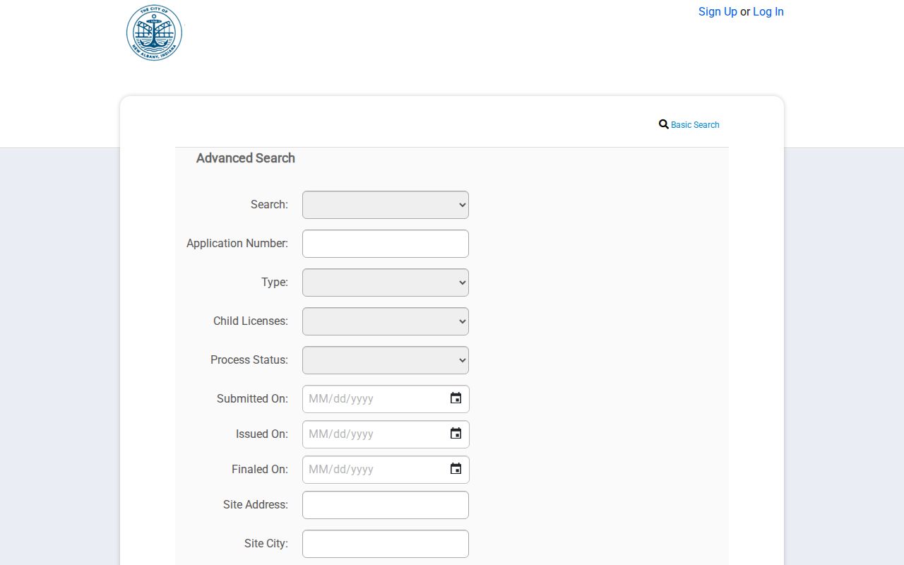 New Albany SmartGov address and permit search fields